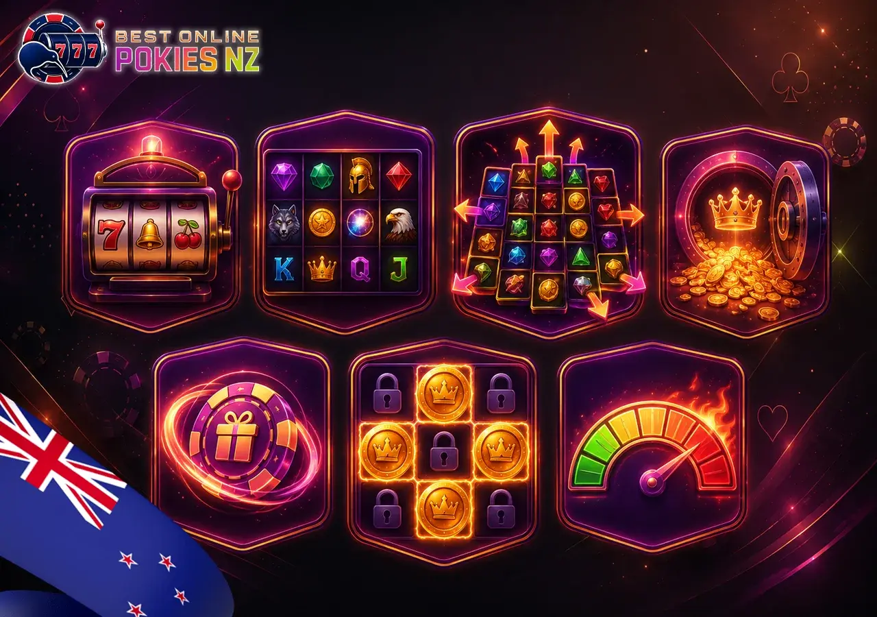 Types of online pokies for NZ players, including classic slots, video pokies, Megaways, jackpots, bonus buy, and volatility